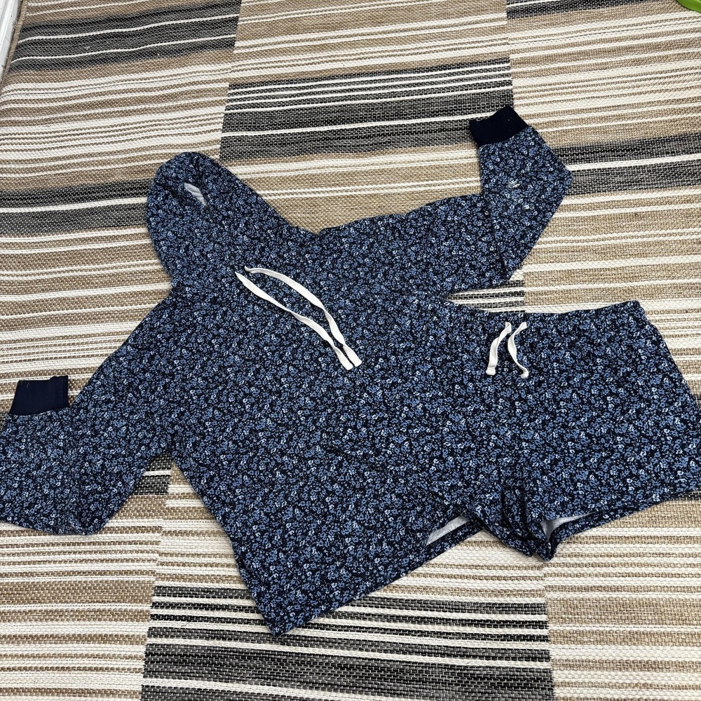 J.Crew‎ Hoodie Shorts Set Womens Small Navy Blue Floral Pullover Loungewear Knit